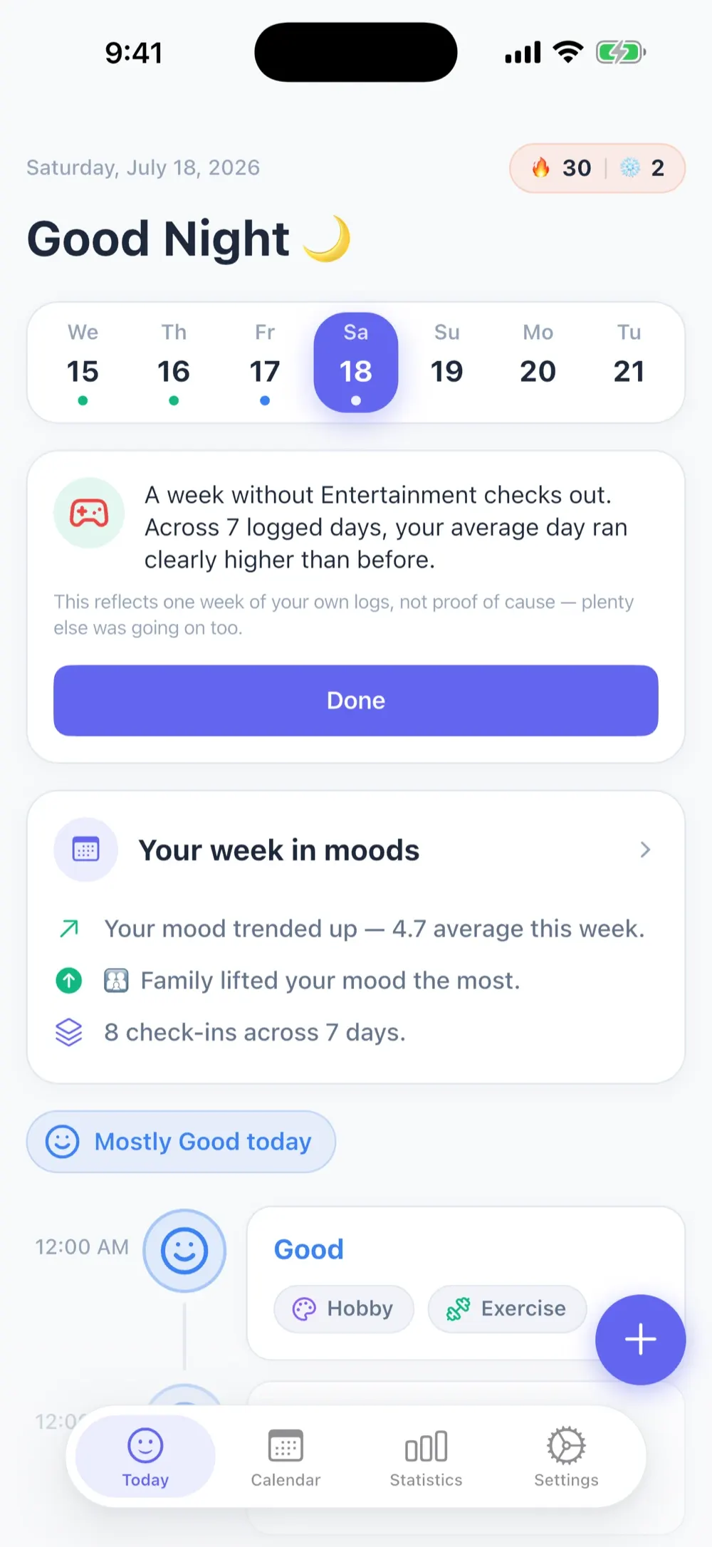 MoodKit Today screen with streak, self-experiment result and weekly recap