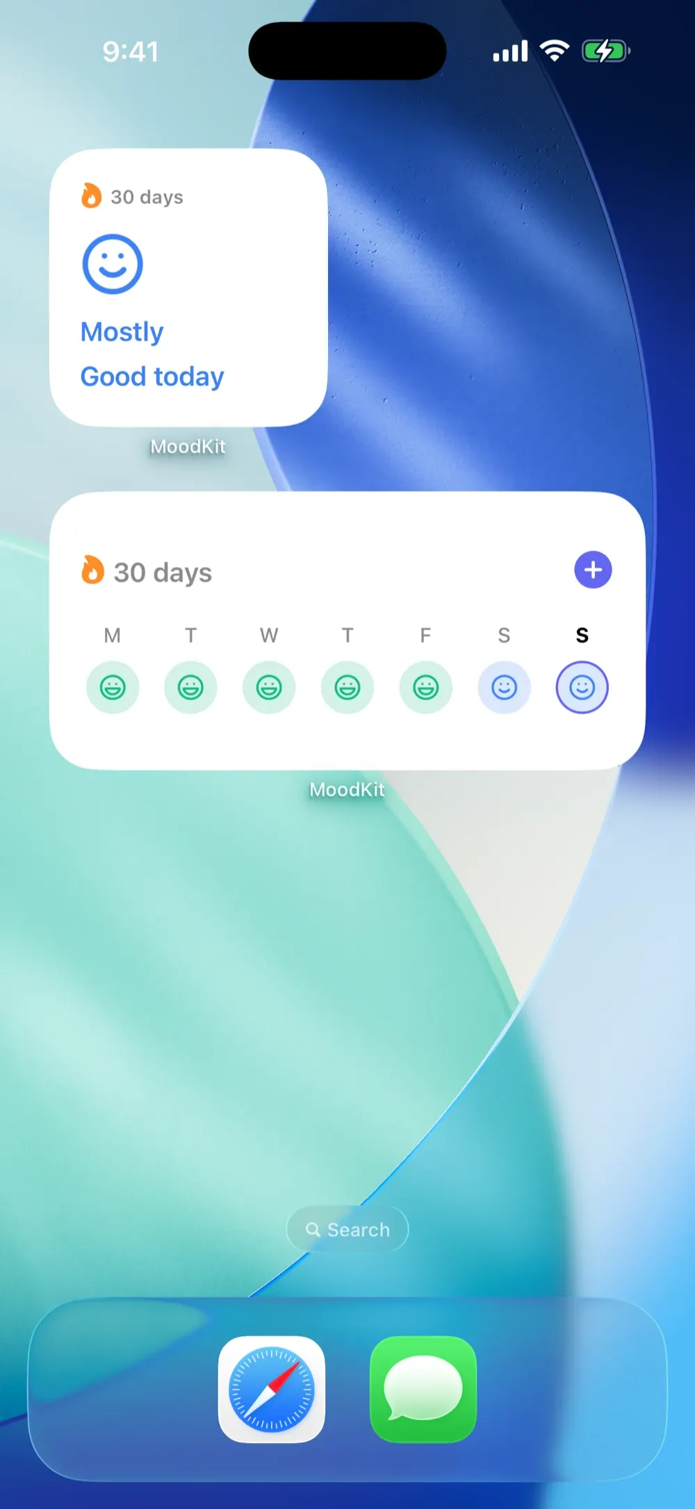 MoodKit Home Screen widgets showing this year in pixels and your week